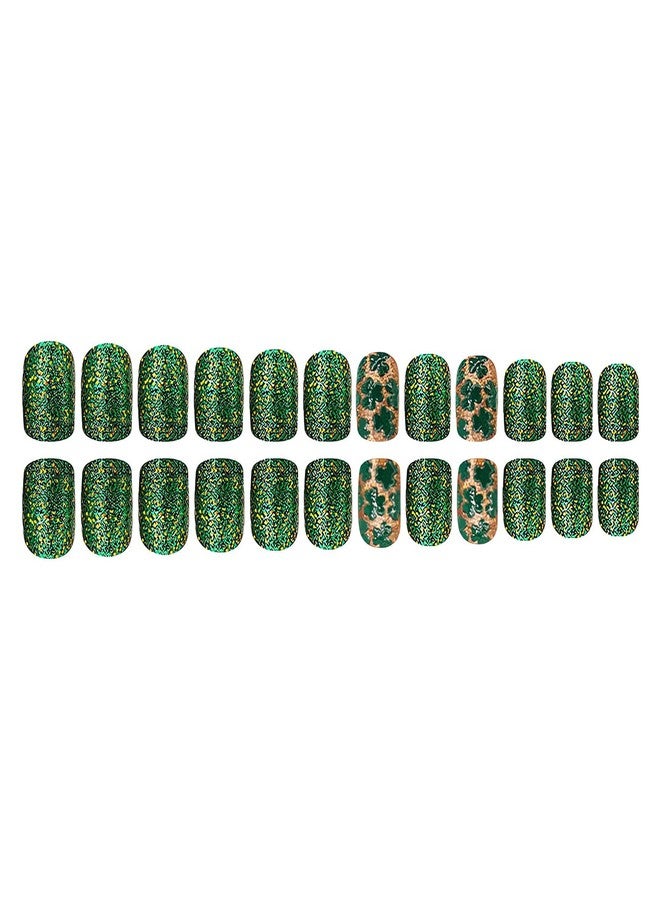 SINSEN St. Patrick’s Day Press on Nails Short, Glossy Green Shamrock Square Fake Nails, St. Patrick’s False Nails with Full Cover Green Glitter Designs, Lucky Clover Glue on Nails for Women 24PCS - Image 4